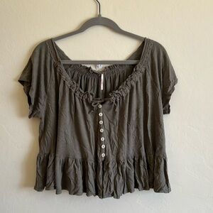 Free People Charlie Tee Off Shoulder Army Sage Green Ruffled Cropped Size Small